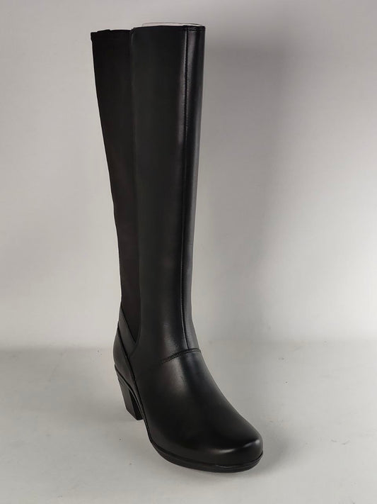 A single black leather knee-high boot with a block heel, shown from a three-quarter angle against a neutral gray studio background.