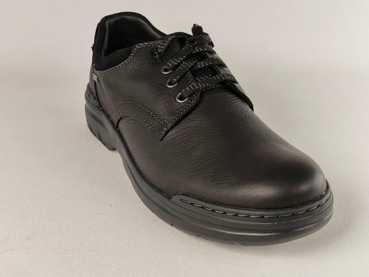 ClarksRockie2LoGTXBlackLeatherWaterproofShoes on a light gray background