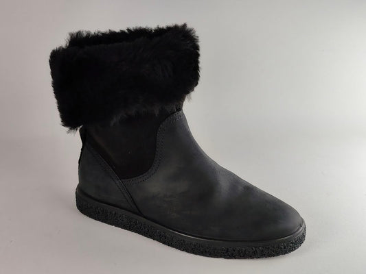 A single black ankle boot with a soft black faux-fur trim around the collar, shown from a side profile on a light gray background.