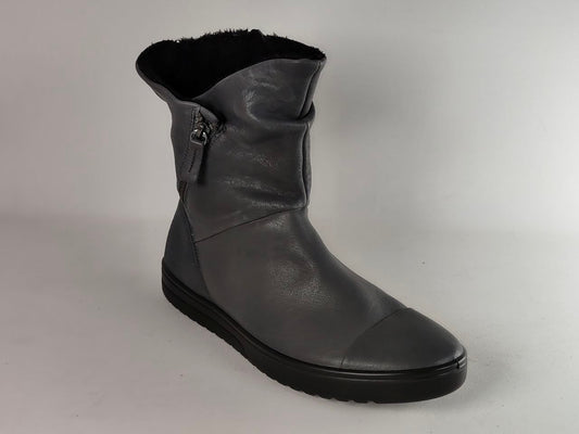 A single dark gray leather ankle boot with a black sole and black faux-fur lining, shown from a three-quarters angle on a light gray background.