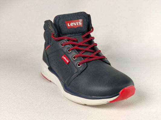 A single Levi's high-top sneaker in navy blue with red laces, a red toe cap, and a white midsole, photographed on a light gray background.
