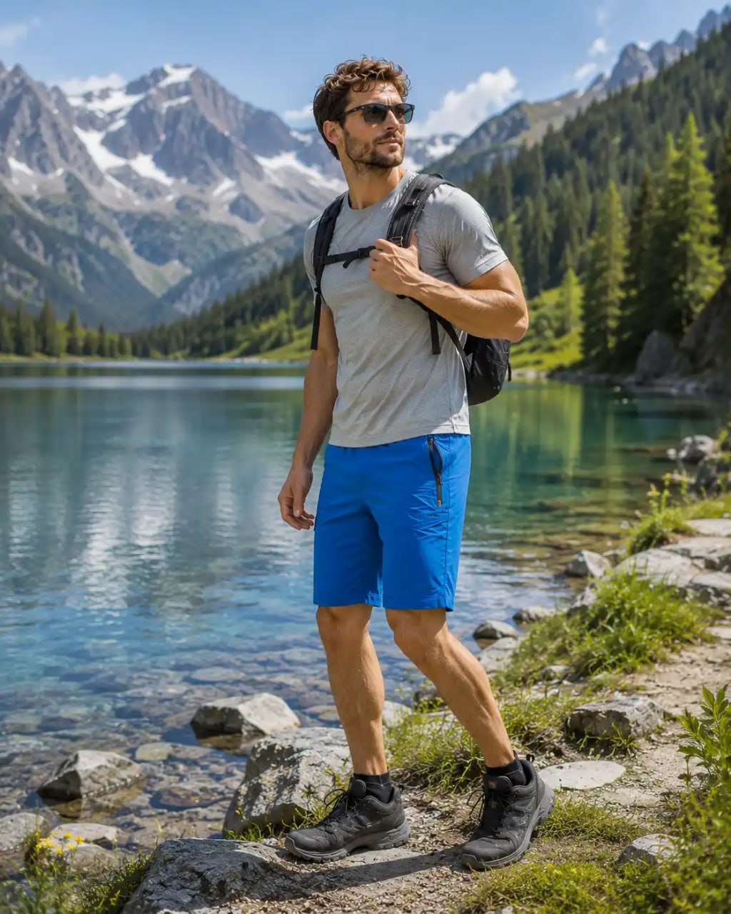 Man in Life-Line blue short standing by a lake with mountains in the background