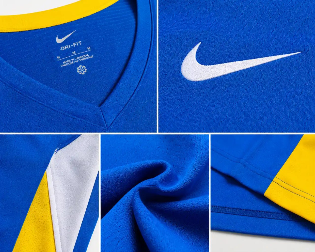 Collage of a blue sports jersey with Nike branding and design elements.