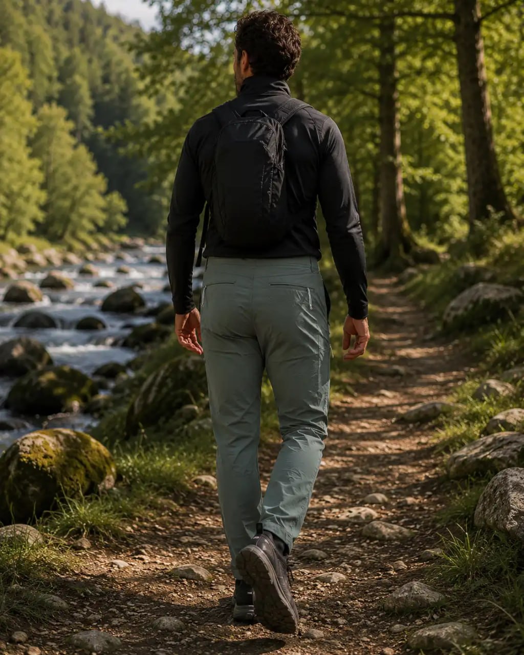 Man in green ONeill Hybrid Soft shell Outdoor Pants walking on a trail by a river with trees in the background