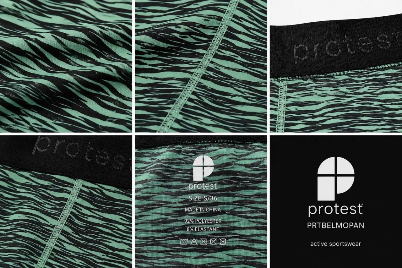 Close-up of green and black patterned fabric with 'protest' branding and text.