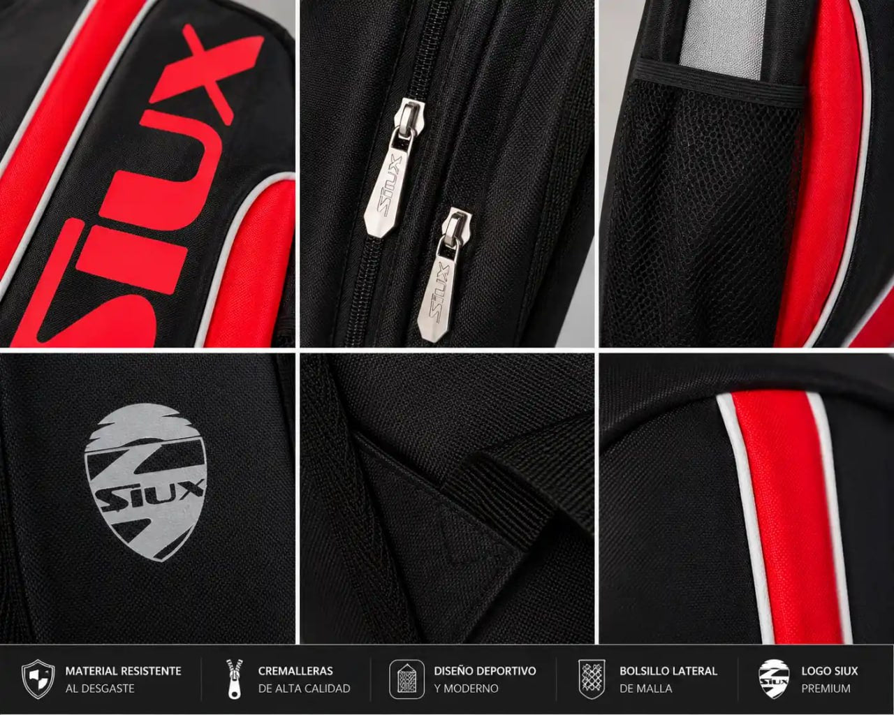 Collage of a black and red sports bag with Siux branding, showing various details.