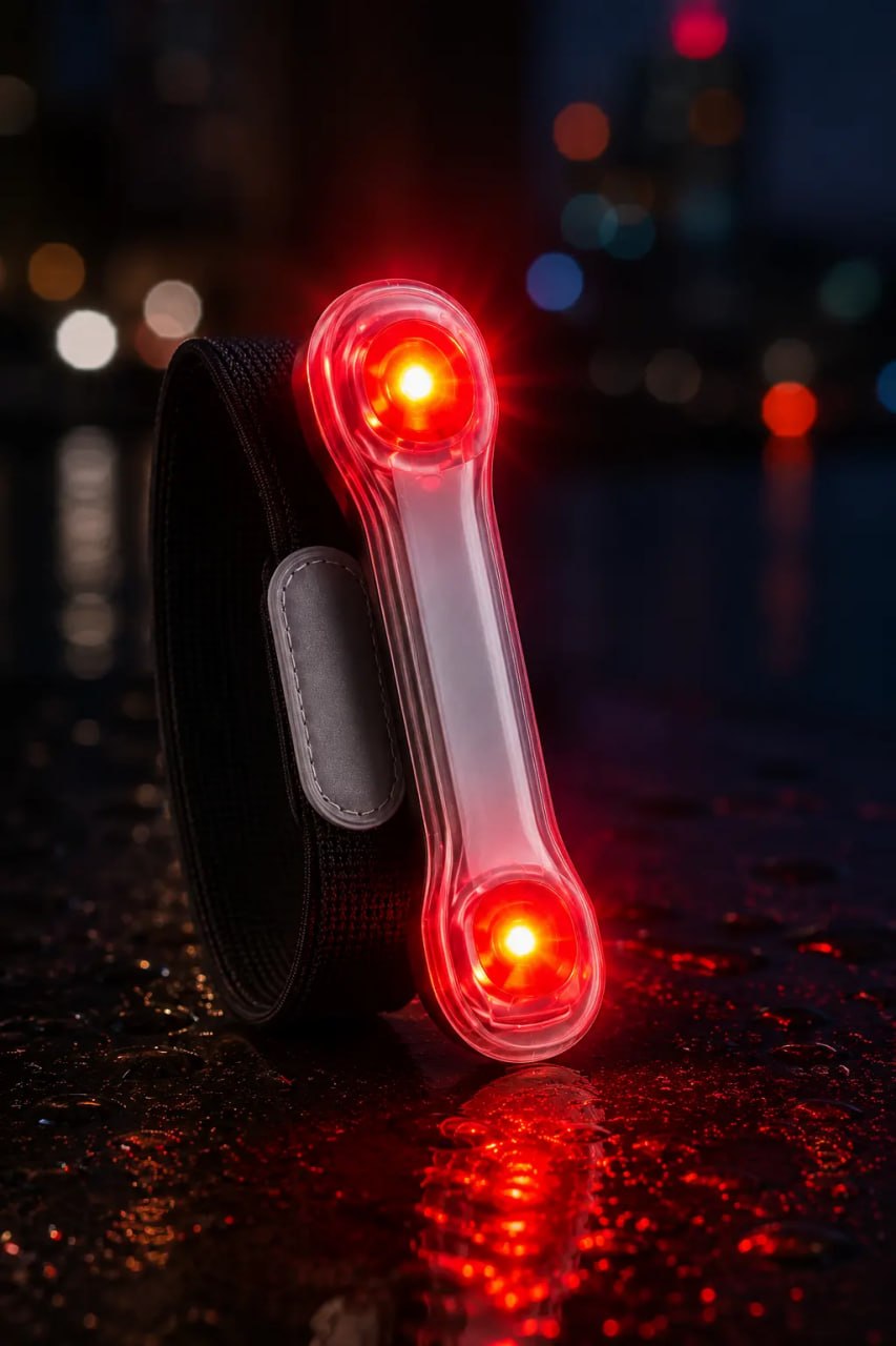 Red LED light device on a dark surface with blurred lights in the background