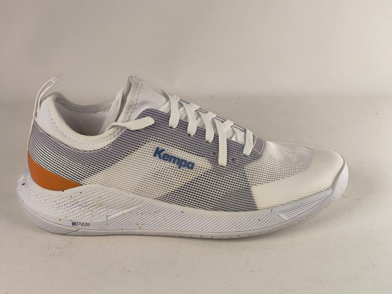 A single Kencoo running shoe in white, gray, and orange, photographed from a side profile against a neutral light gray background.