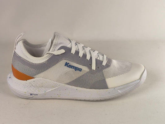 A single Kencoo running shoe in white, gray, and orange, photographed from a side profile against a neutral light gray background.