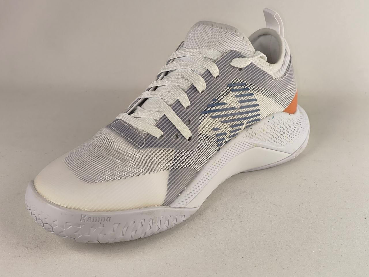 A Kempo brand athletic sneaker in white, gray, and blue, featuring a textured knit upper, white laces, and a white midsole with a small orange accent on the heel.