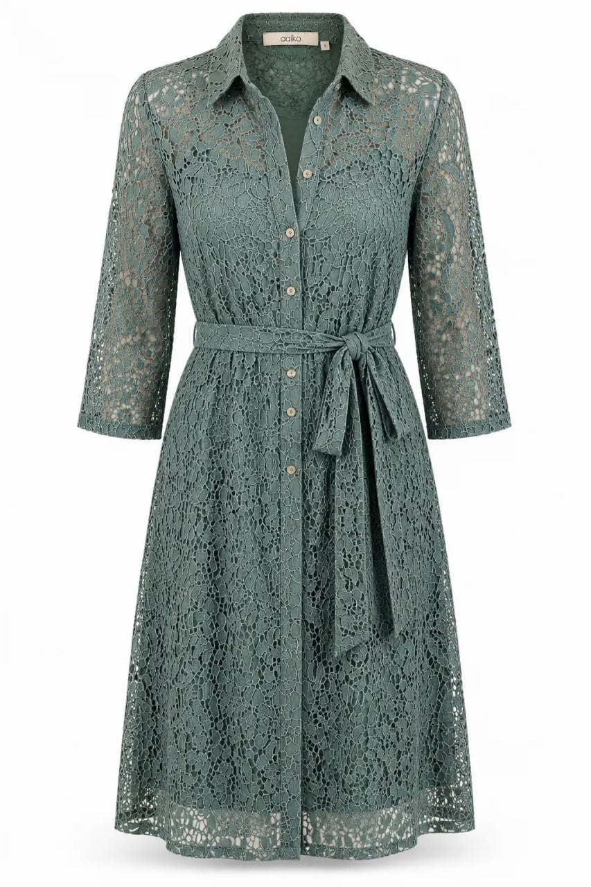 Green lace dress with a belt on a white background
