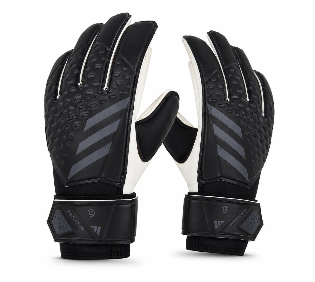 Black and white gloves with Adidas logo on a white background