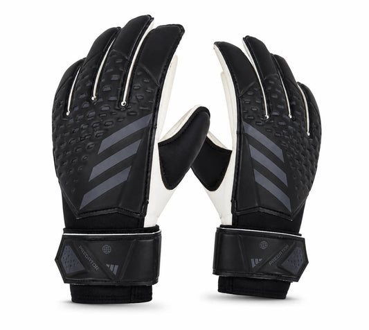 Black and white gloves with Adidas logo on a white background