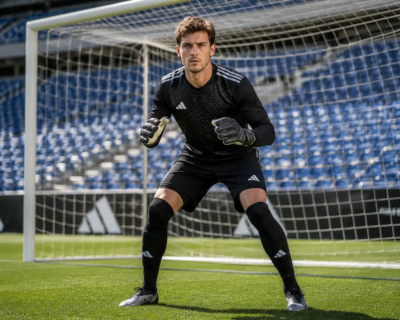 Soccer goalkeeper in black uniform standing in front of a goalpost on a stadium field.