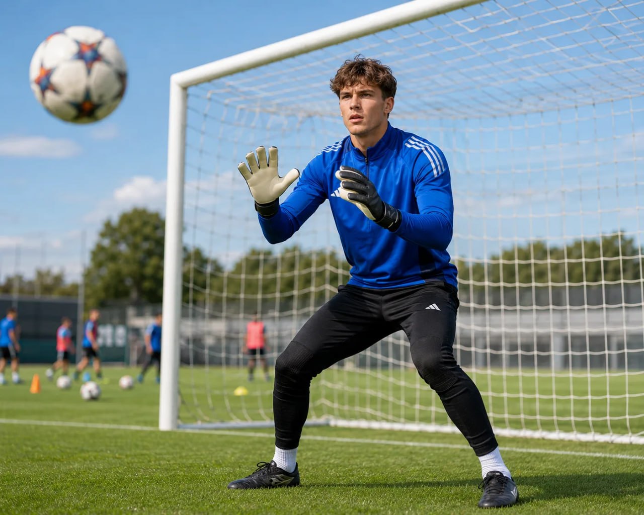 Soccer goalkeeper in action on a field with a clear sky