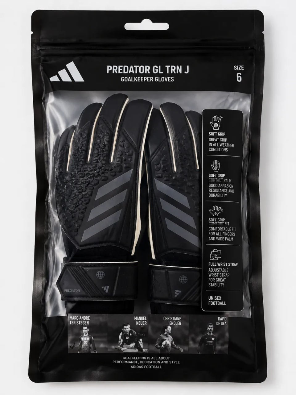 Packaged Adidas Predator GL TRN J goalkeeper gloves with branding and product details.