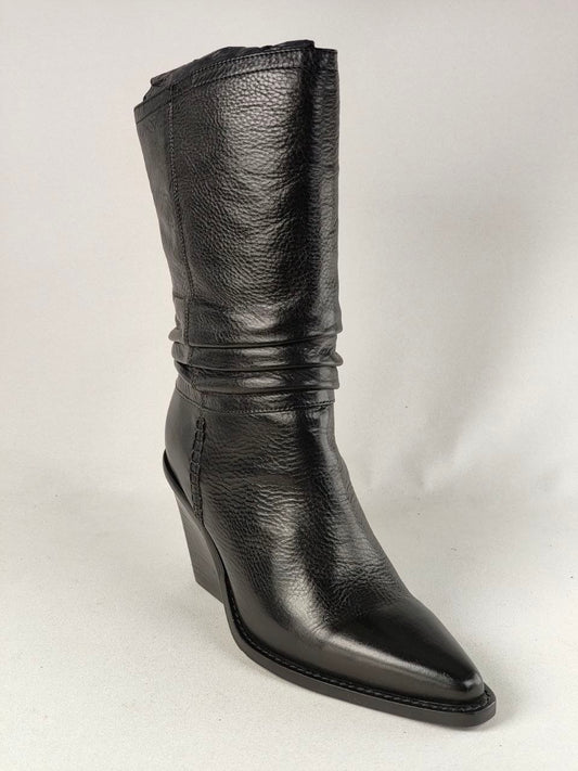 A single black leather mid-calf boot with a pointed toe and a low wedge heel, photographed against a light gray studio background.