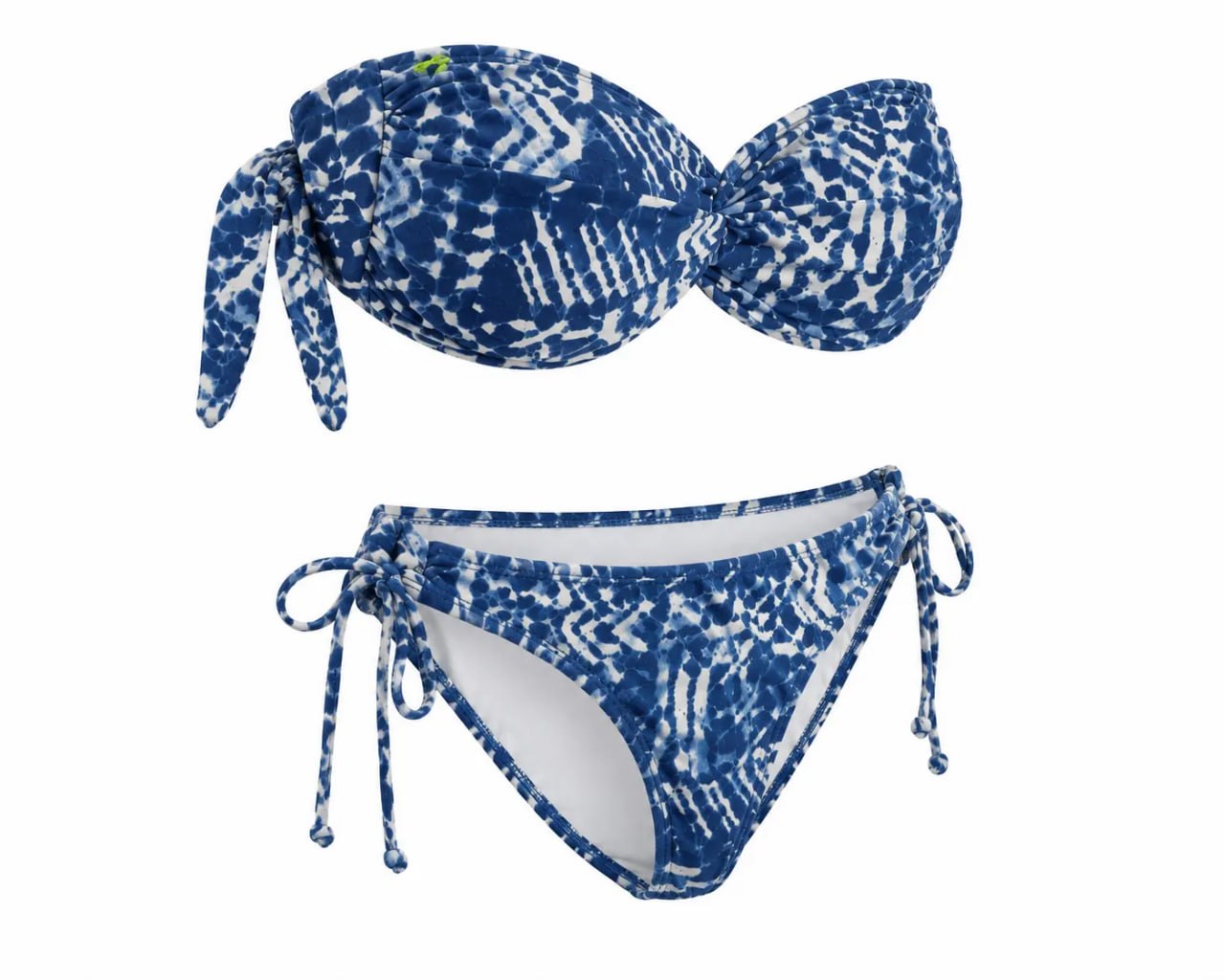 Blue and white patterned bikini set on a white background
