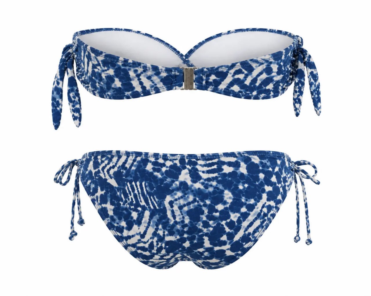 Blue and white patterned bikini set on a white background