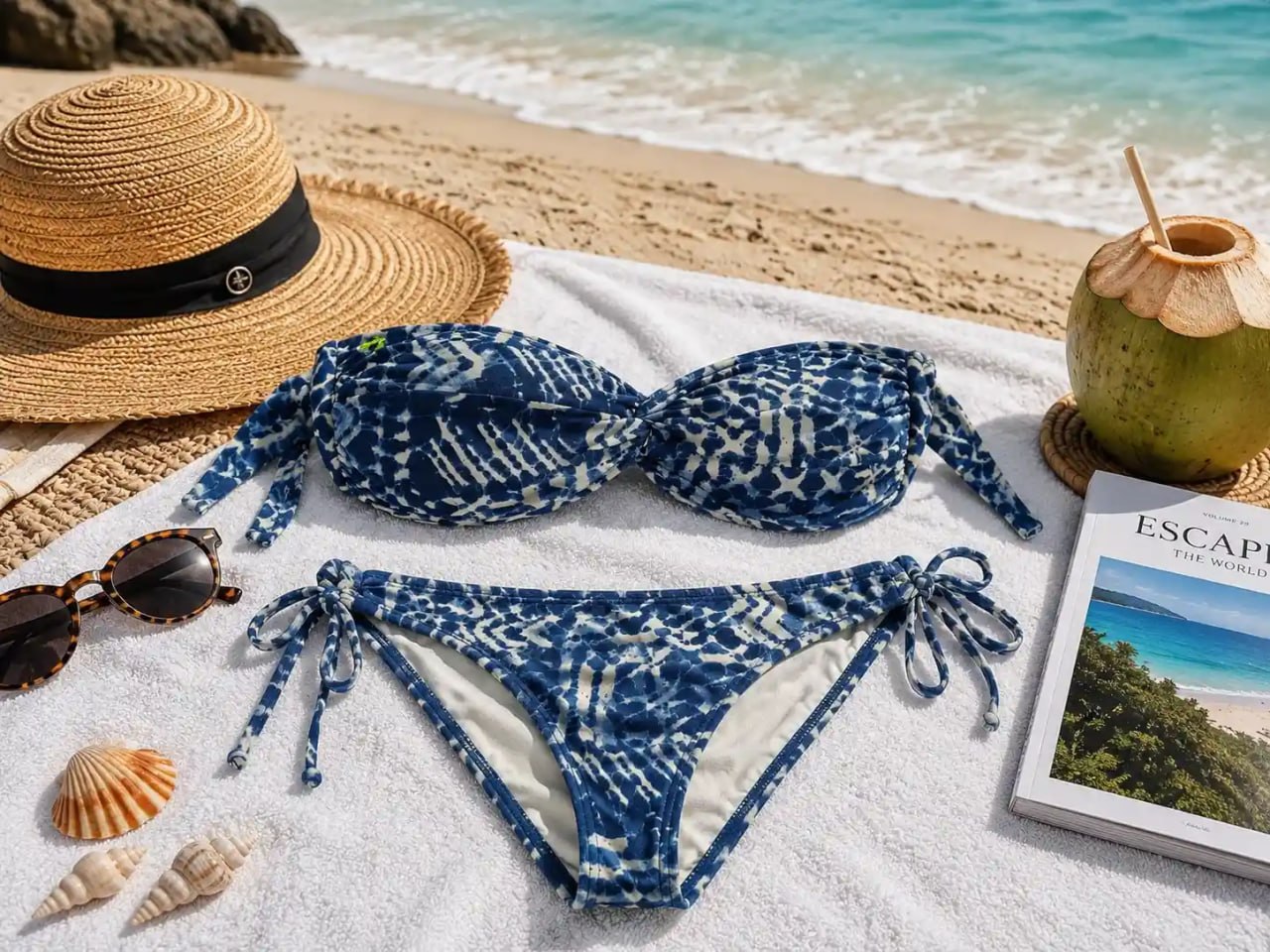 Blue and white patterned bikini on a sandy beach with a hat, sunglasses, and coconut drink.