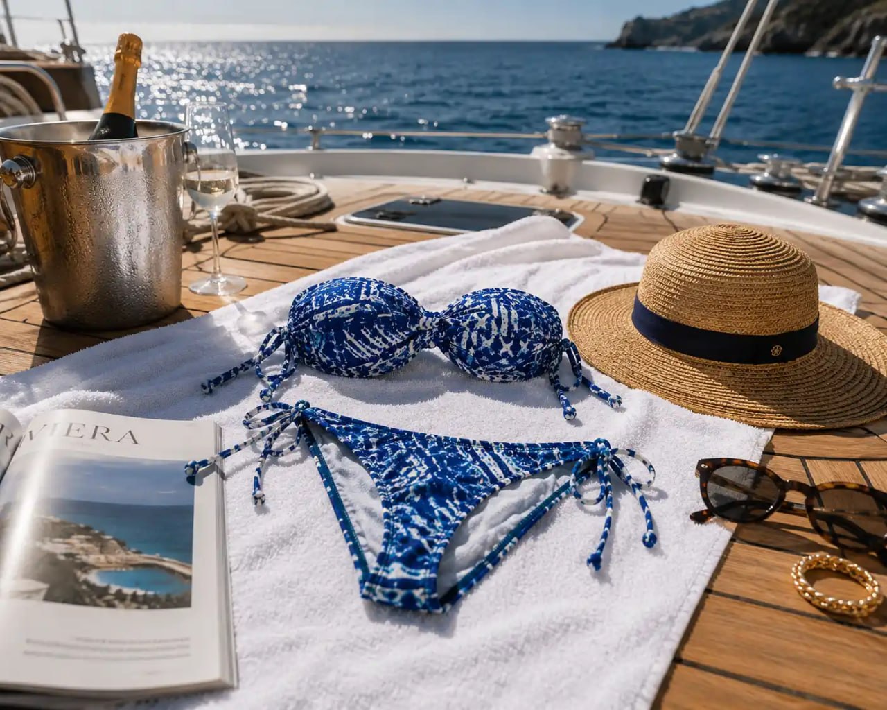 Blue bikini on a towel with a hat, sunglasses, and champagne bucket on a boat deck.