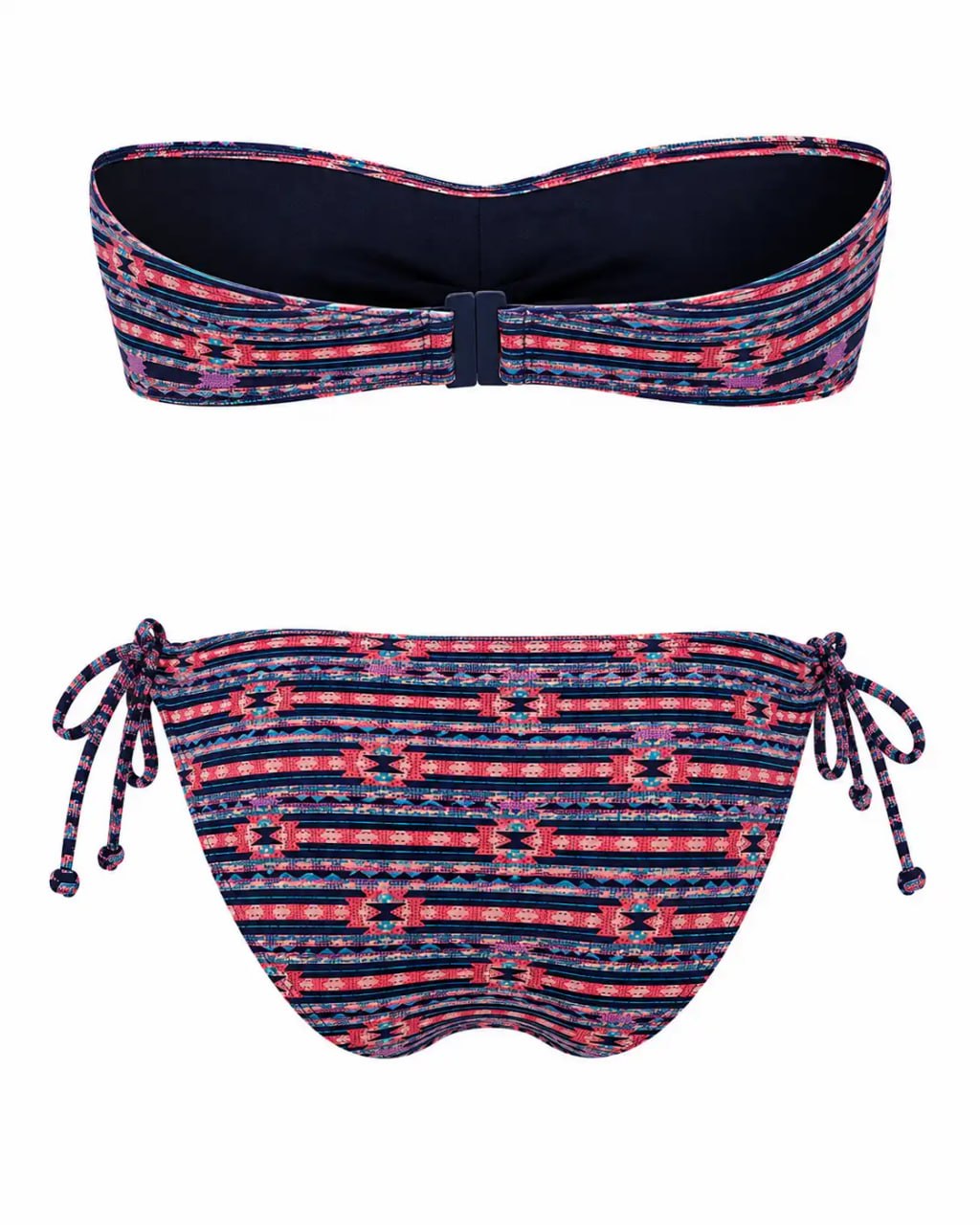 Two-piece swimsuit with red and blue pattern on a white background