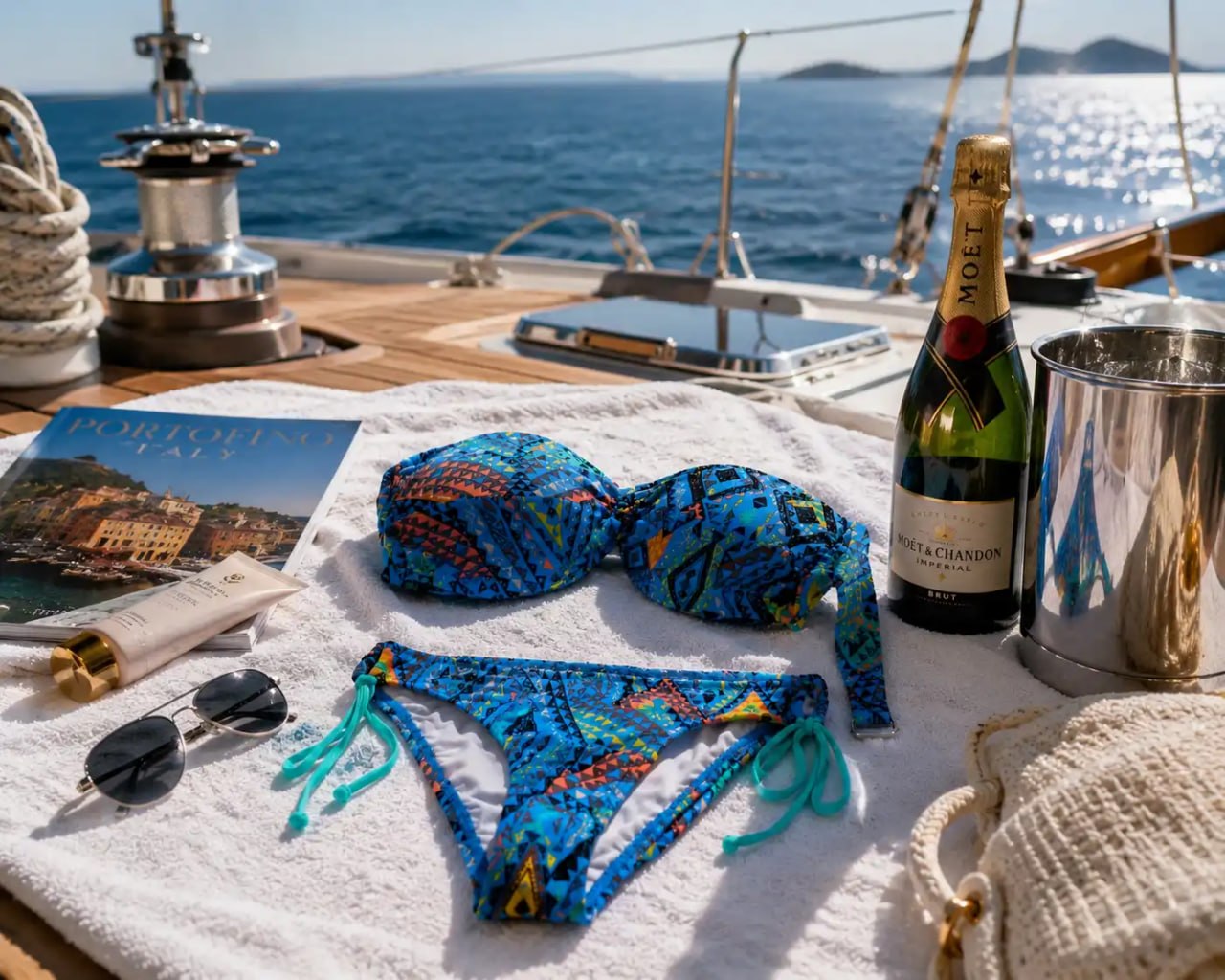Blue bikini with colorful patterns on a boat with a bottle of champagne and sunglasses.