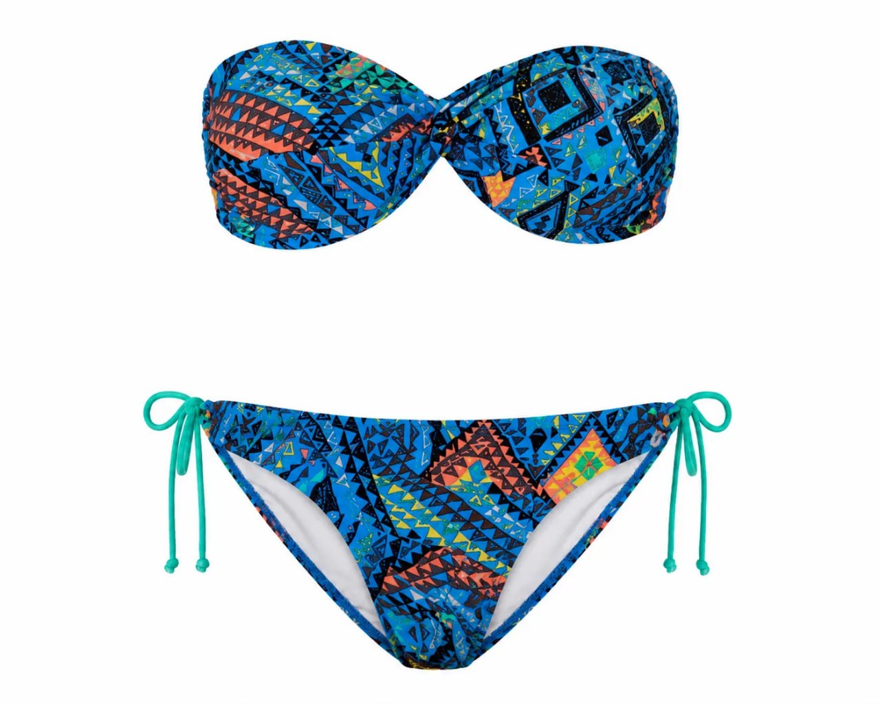 Colorful bikini set with geometric pattern on a white background