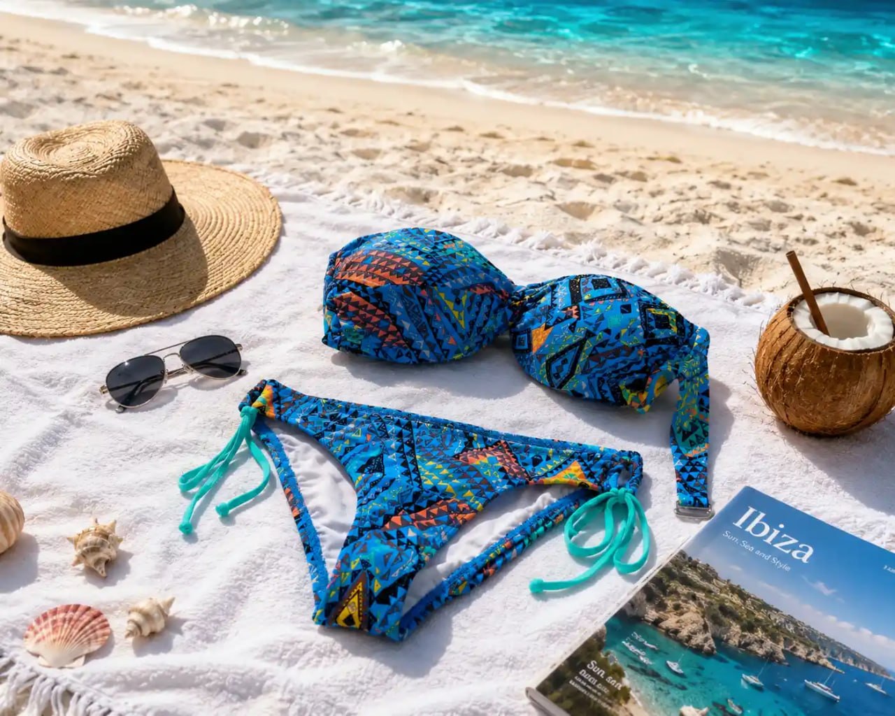 Blue bikini with colorful patterns on a white Towel with a hat and sunglasses at beach.