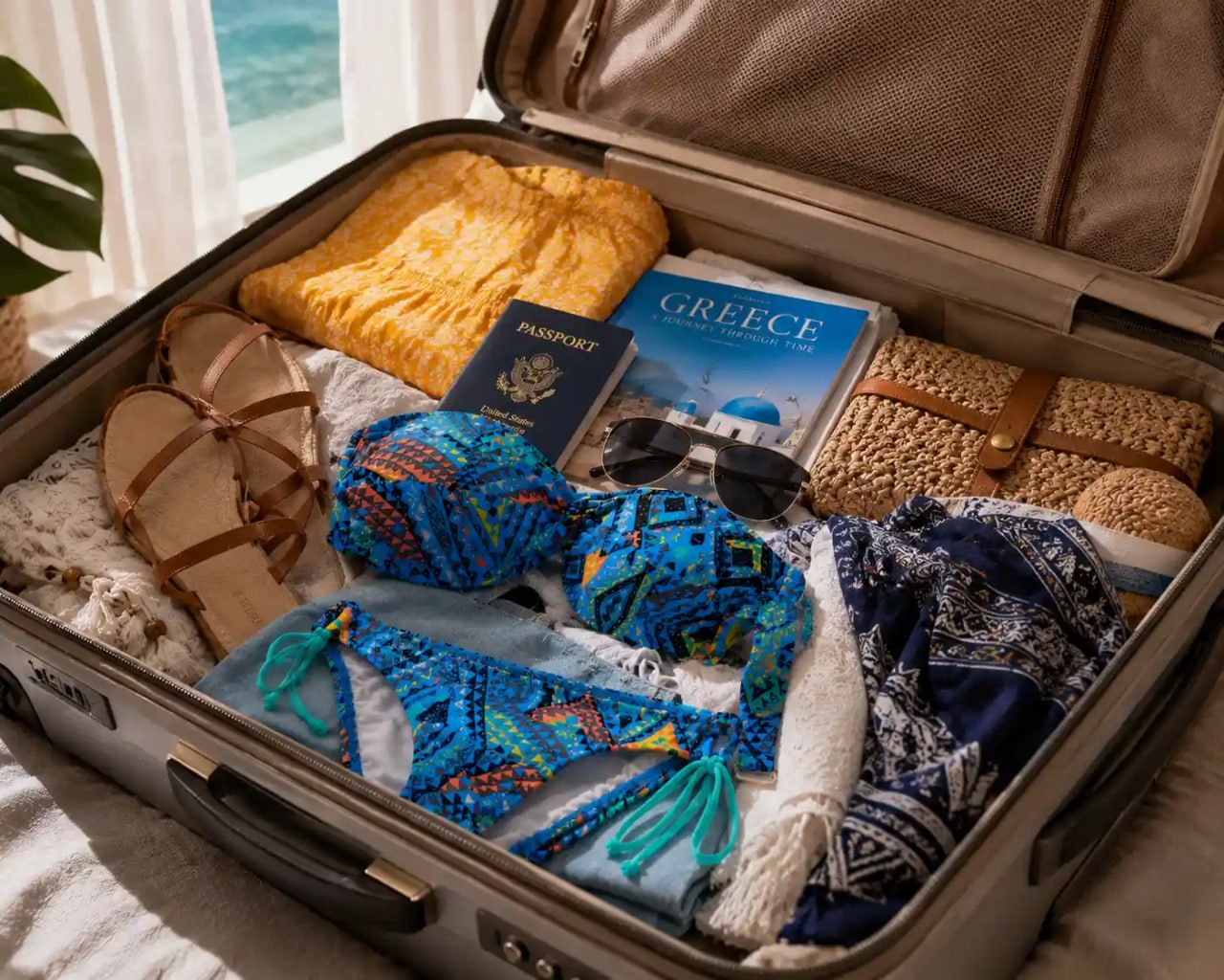 Billabong Low Rider Bandeau Bikini Set in Moroccan Blue packed inside a luxury travel suitcase with summer vacation essentials including sandals, sunglasses, passport and travel guide, ready for a beach holiday.