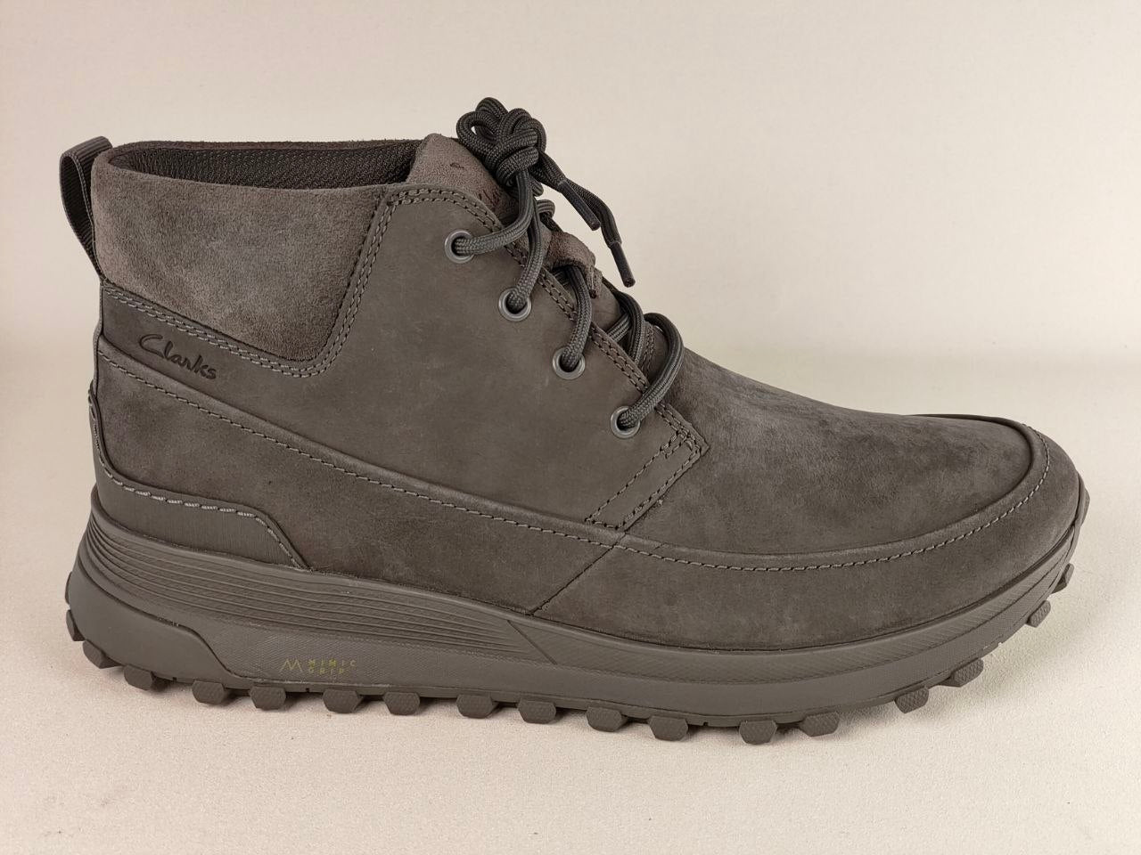 Clarks ATL Trek Desert Grey Nubuck Outdoor Boots side view showing premium nubuck leather upper and rugged hiking sole