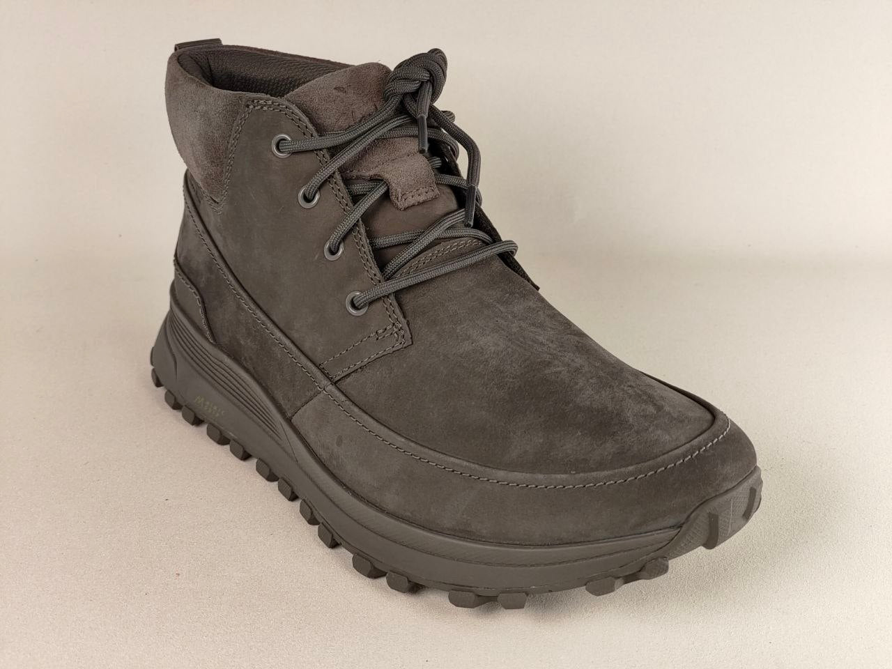 Clarks ATL Trek Desert Grey Nubuck Outdoor Boots angled front side view with lace-up outdoor design