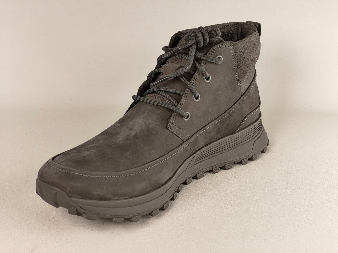 Clarks ATL Trek Desert Grey Nubuck Outdoor Boots right side profile featuring durable nubuck construction with laces on a beige background