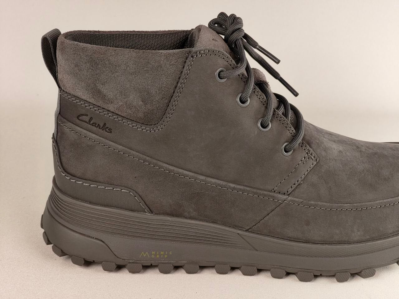Clarks ATL Trek Desert Grey Nubuck Outdoor Boots lateral side view highlighting cushioned outdoor sole