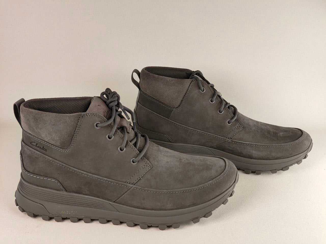 Pair of Clarks ATL Trek Desert Grey Nubuck Outdoor Boots displayed together from side angle