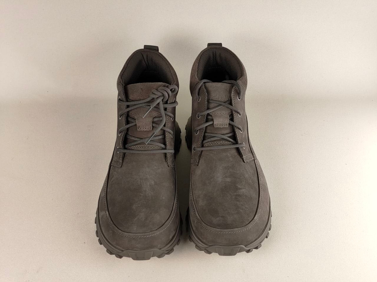 Front view of Clarks ATL Trek Desert Grey Nubuck Outdoor Boots showing lace-up closure and hiking toe design