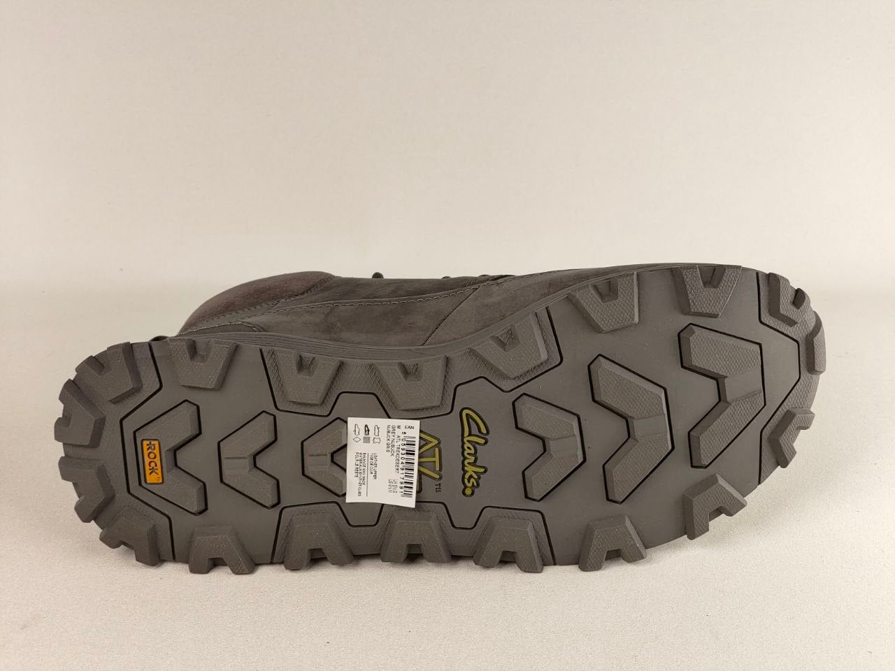 Outsole view of Clarks ATL Trek Desert Grey Nubuck Outdoor Boots featuring rugged traction pattern for outdoor use