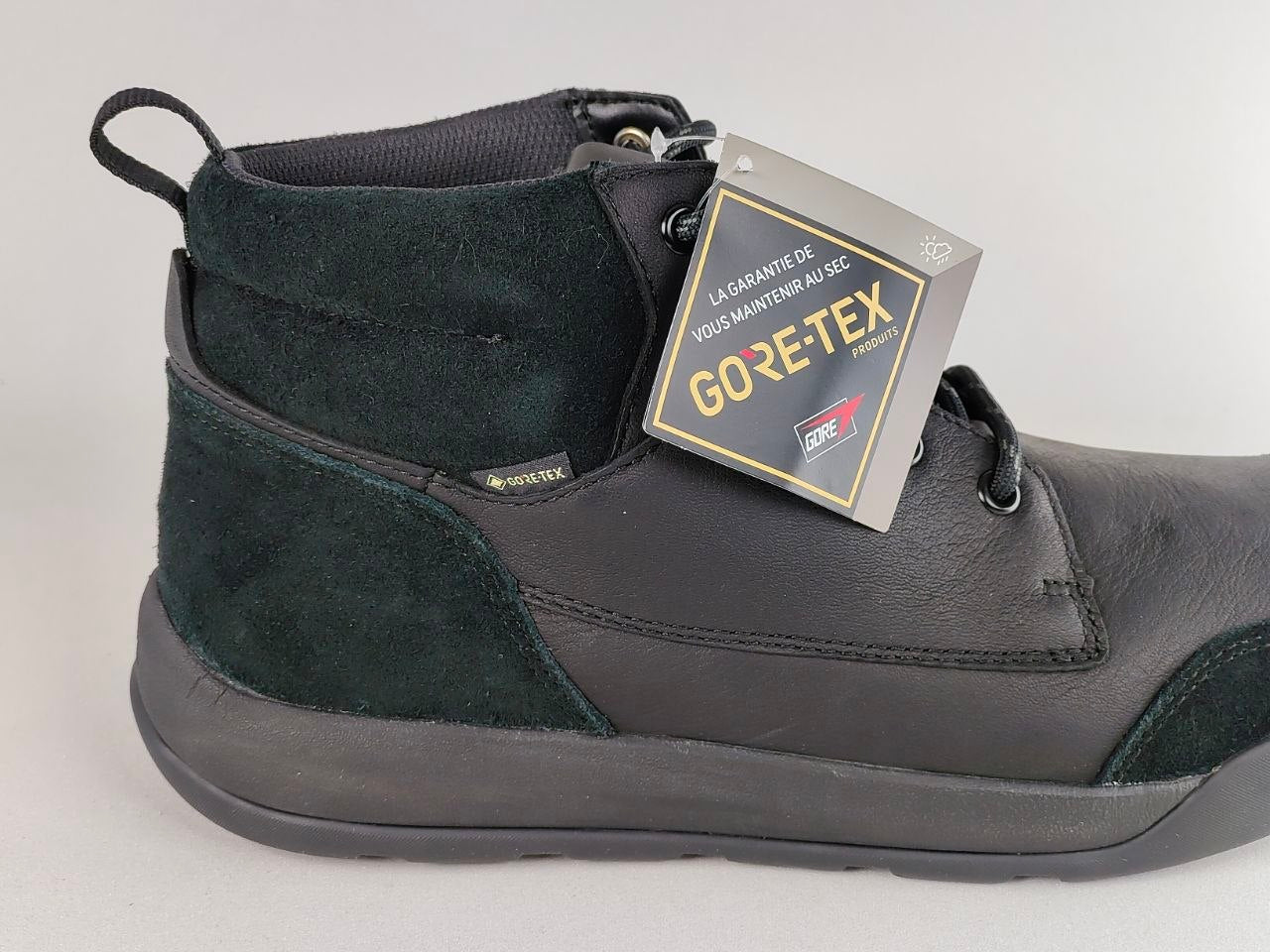 Black shoe with GORE-TEX label on a white background