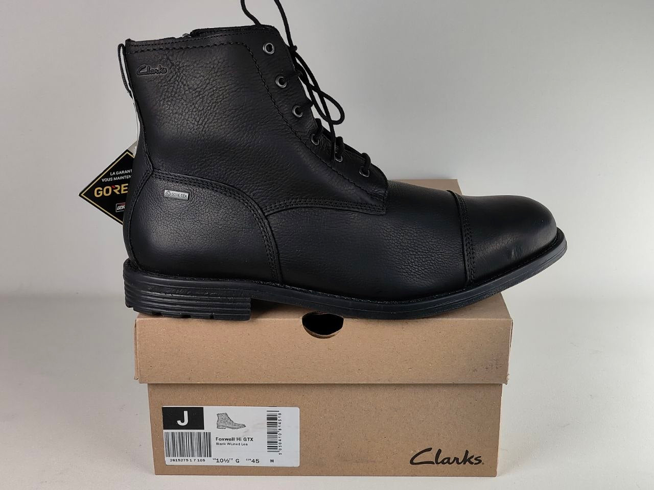 Brown high-top sneaker on a white background Clarks Foxwell Hi GTX Black Leather Gore-Tex Waterproof Boots