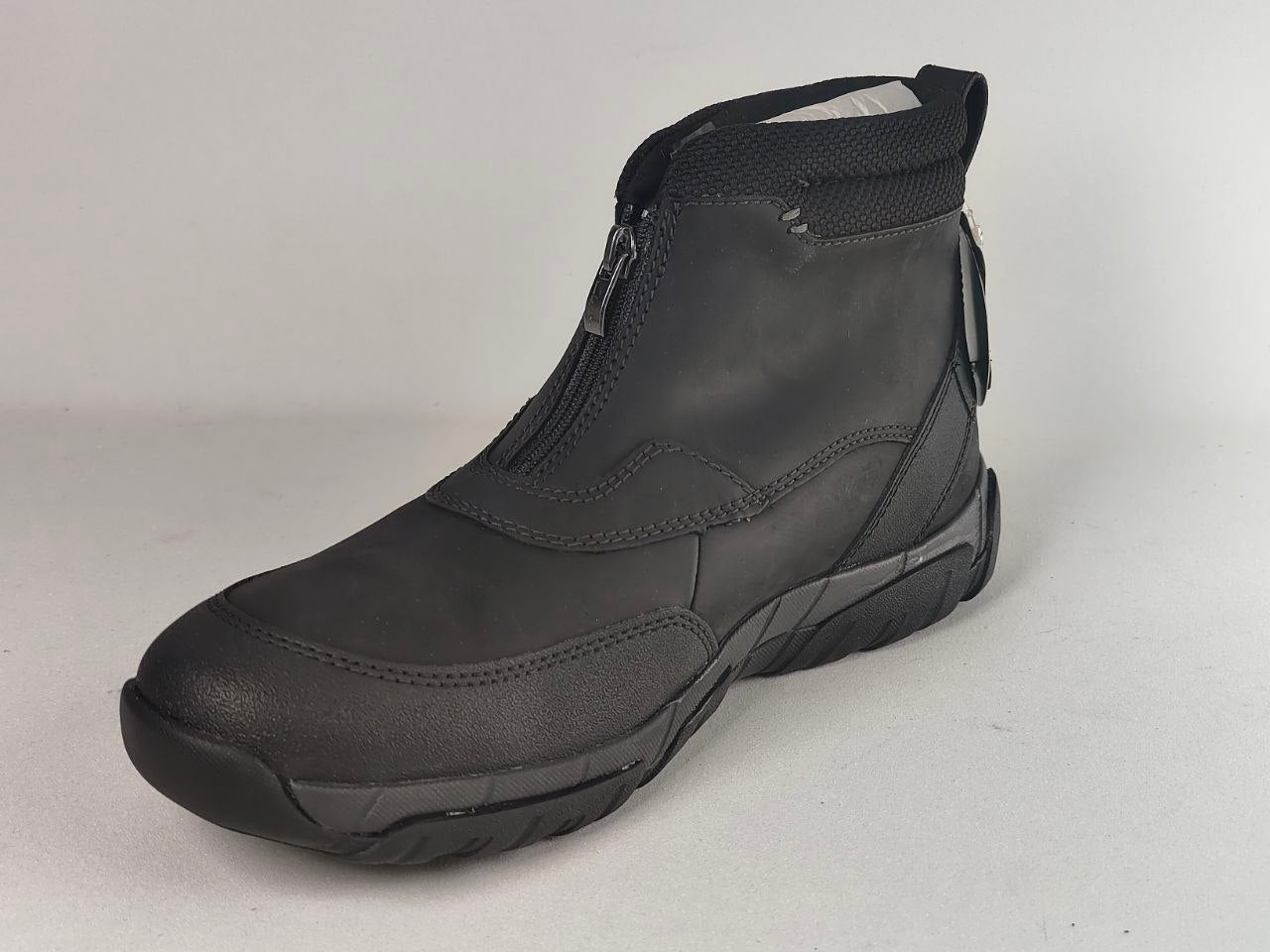 A single black ankle boot with a side zipper, shown from a three-quarters angle on a light gray background.
