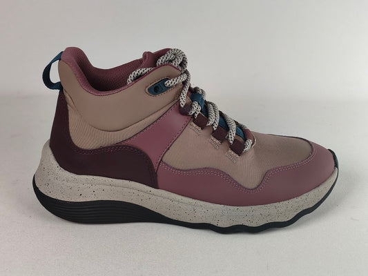 A mid-top athletic sneaker in dusty rose and taupe with burgundy overlays, chunky speckled off-white midsoles, and gray-and-white rope laces, shown from a side profile on a light gray background.