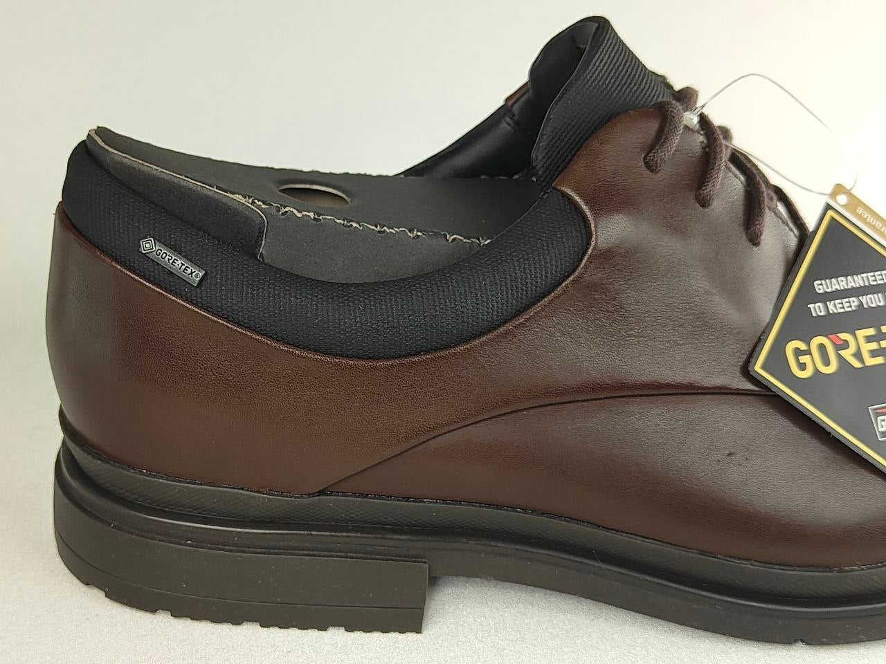 Brown shoe with black sole and GORE-TEX label on a white background