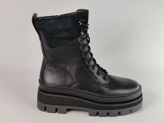 A single black leather lace-up ankle boot with a chunky black sole, shown from a side profile against a light gray background.