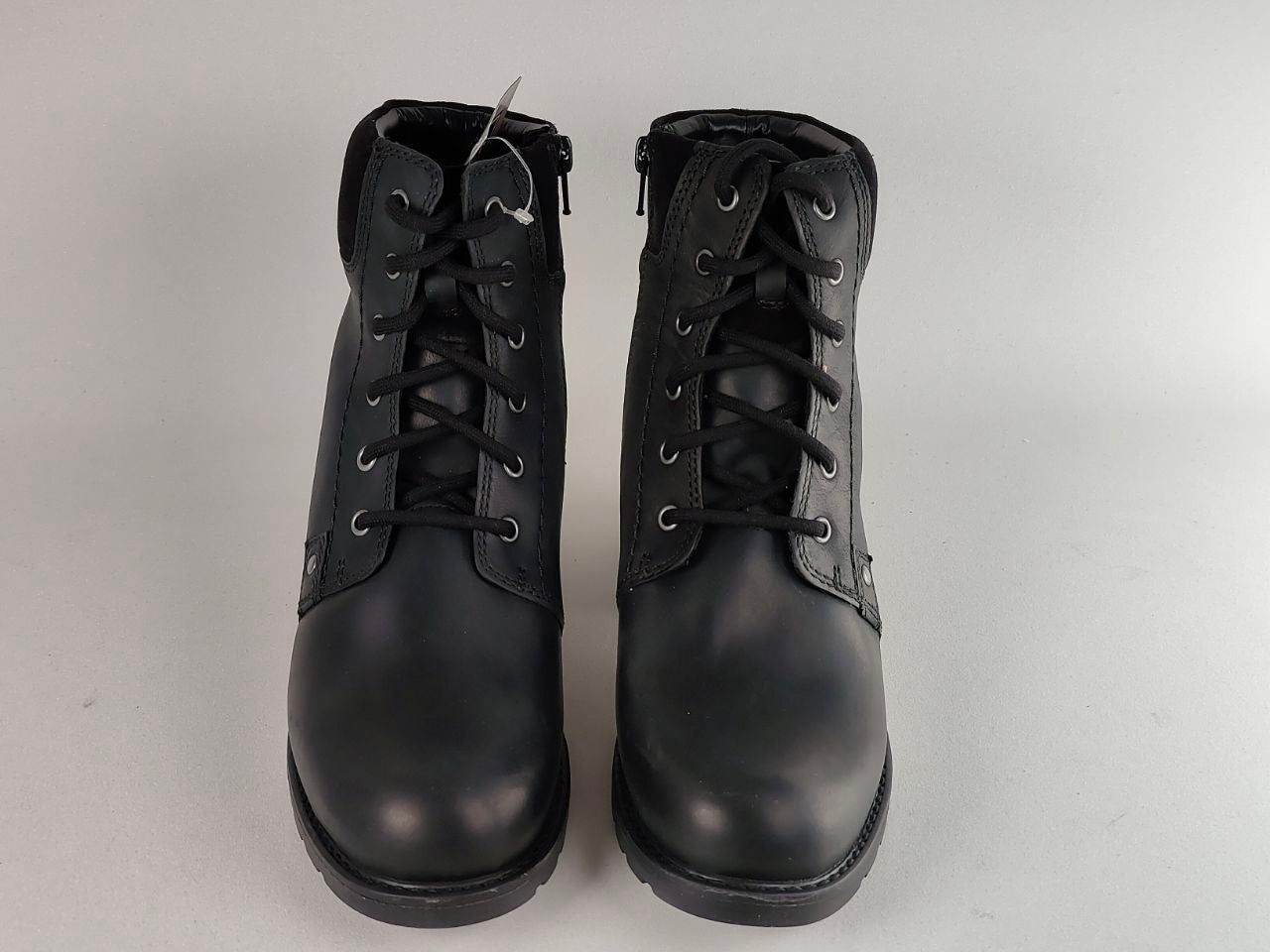 A pair of black leather lace-up ankle boots with side zippers, shown against a plain light gray background.
