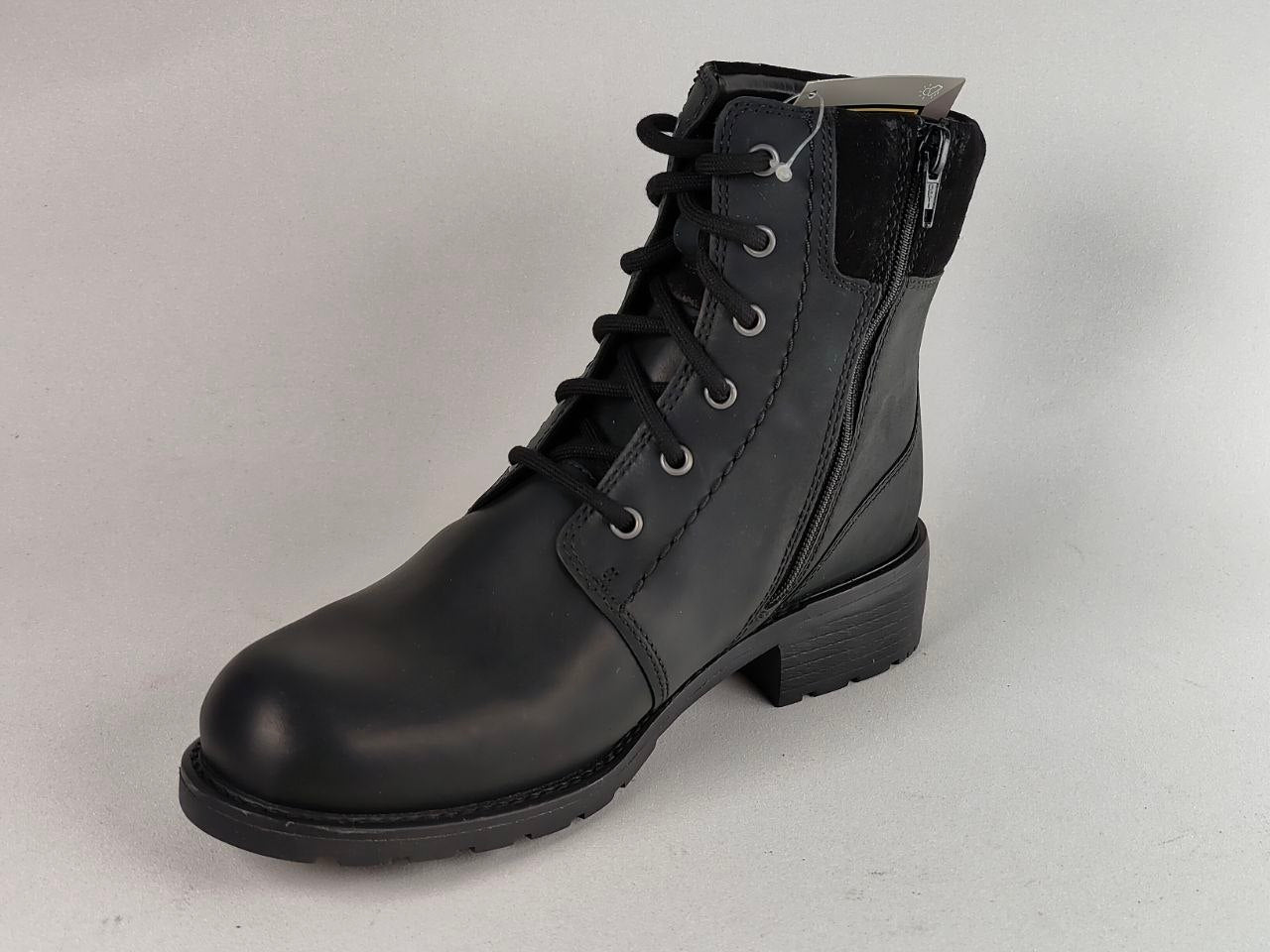 A black leather lace-up ankle boot with a side zipper, shown from a three-quarters angle on a light gray background.
