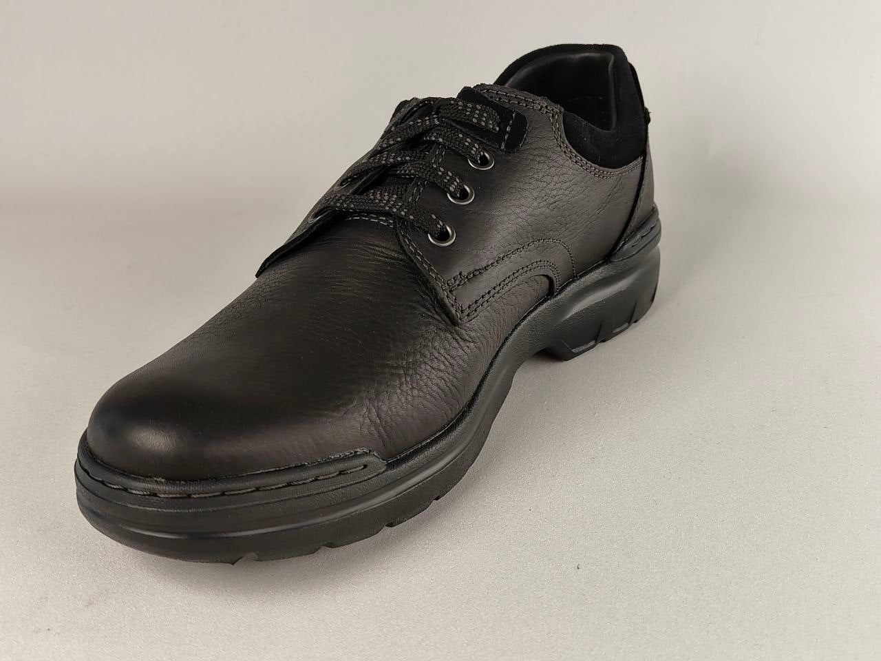 ClarksRockie2LoGTXBlackLeatherWaterproofShoes on a light gray background