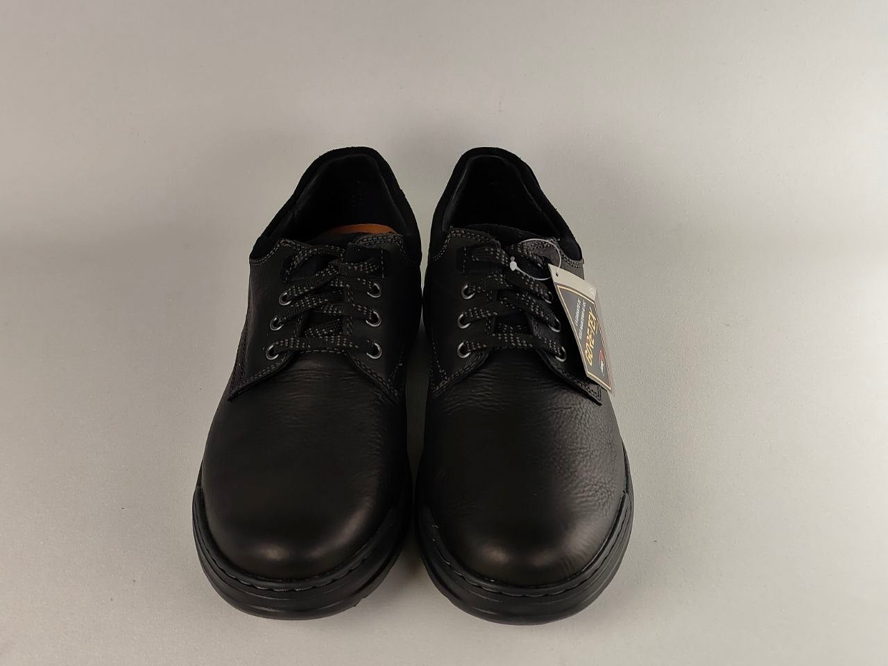 Clarks Rockie2 LoGTX Black Leather Waterproof Shoes on a light gray background