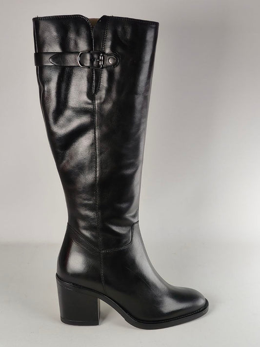 A single black leather knee-high boot with a block heel and a decorative strap detail near the top, shown against a neutral gray background.