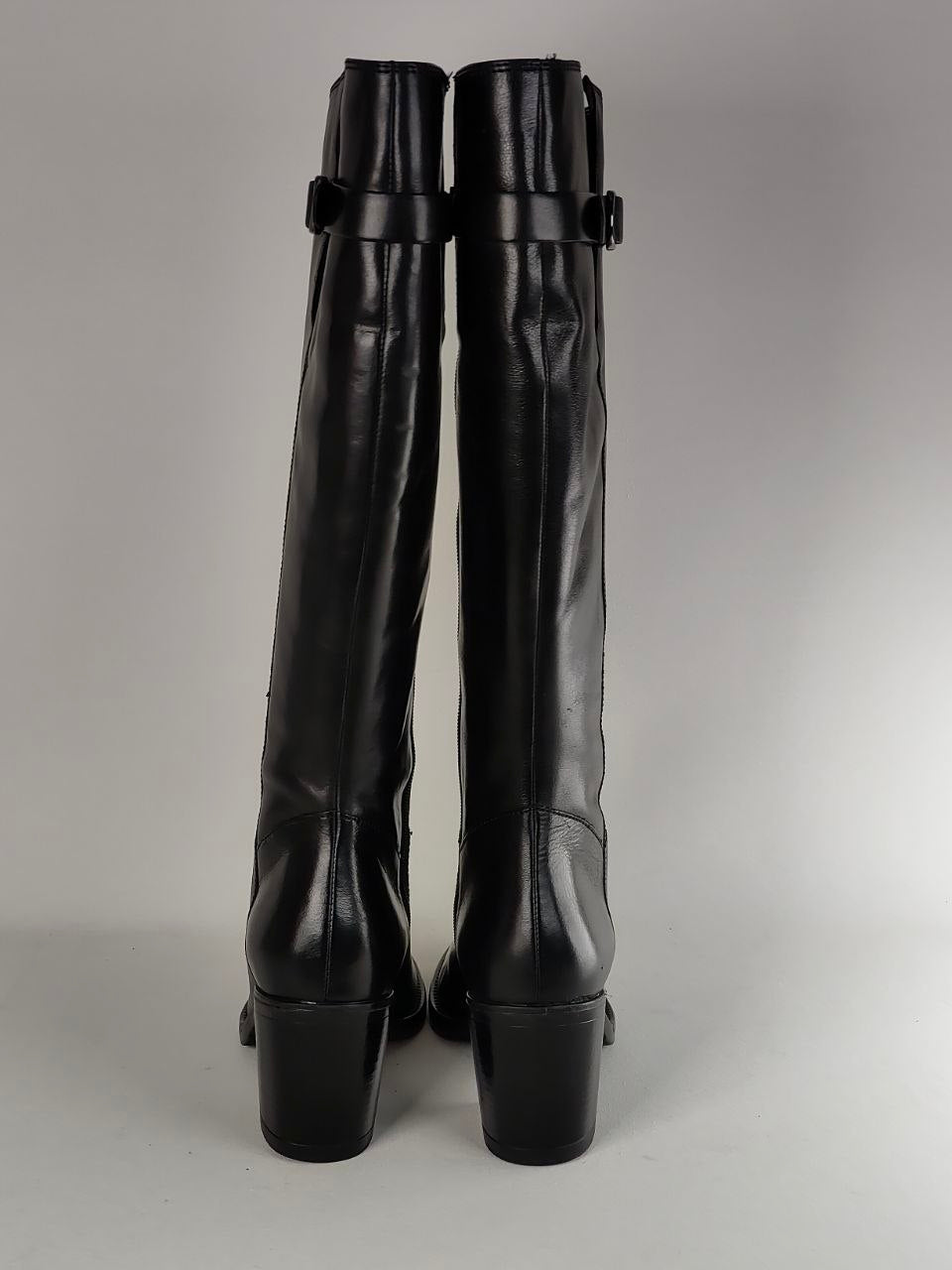 Clarks Mascarpone2 Up Black Leather Knee High Boots – Rear View Showing Block Heel and Buckle Strap