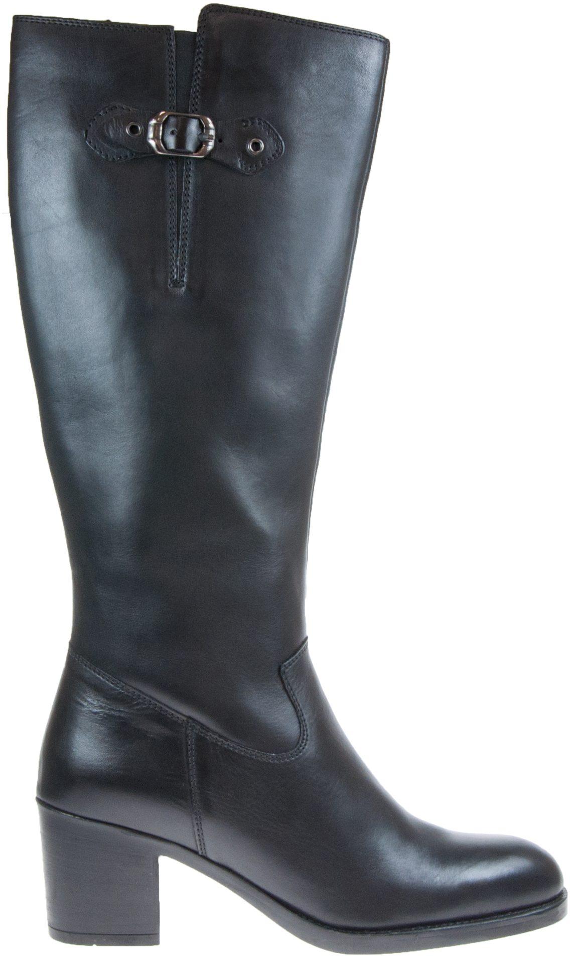 A black leather knee-high boot with a block heel and a decorative buckle strap detail near the top, shown against a plain white background.